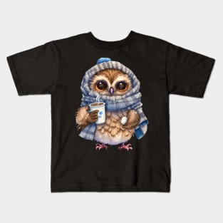 Chibi Owl Drinking Hot Chocolate cute christmas snow design series 1 Kids T-Shirt